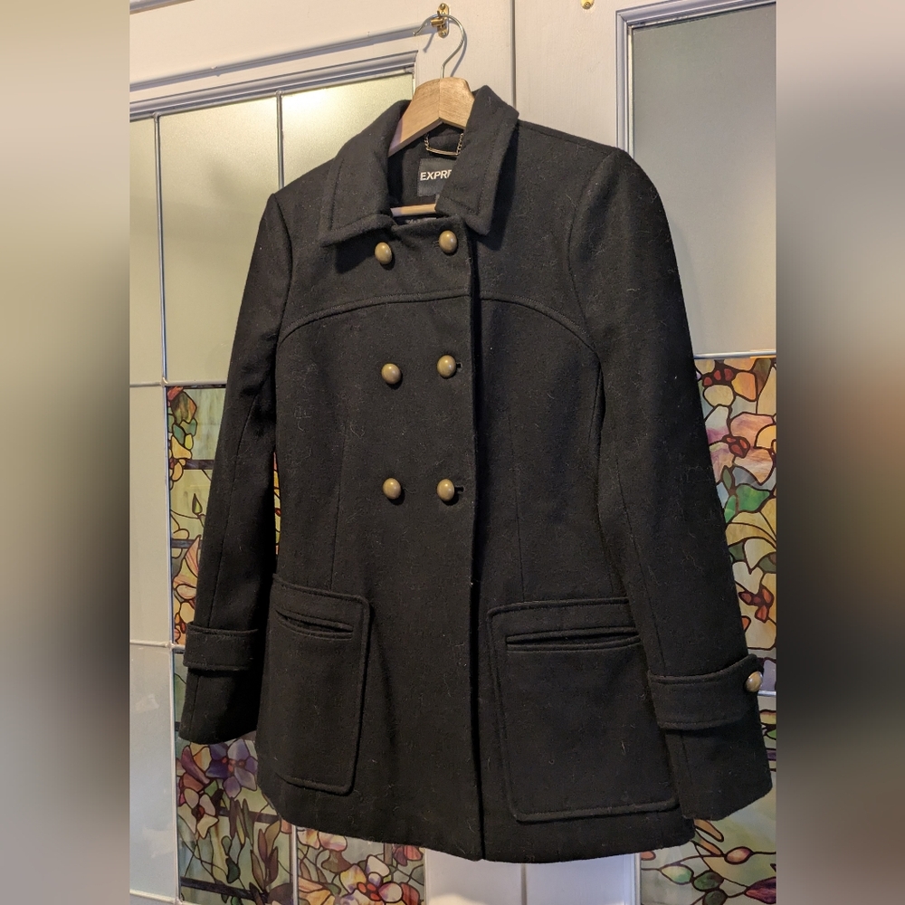 Express Double Breasted Black Pea Coat